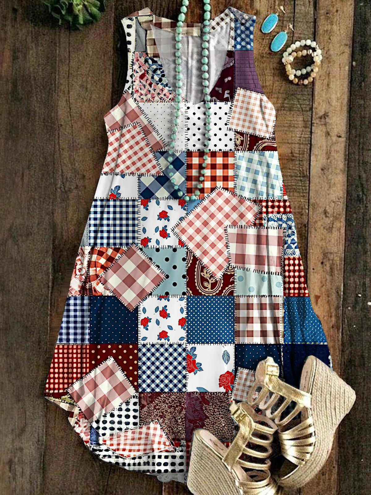 Retro Independence Day Stitching Sleeveless V Neck Dress