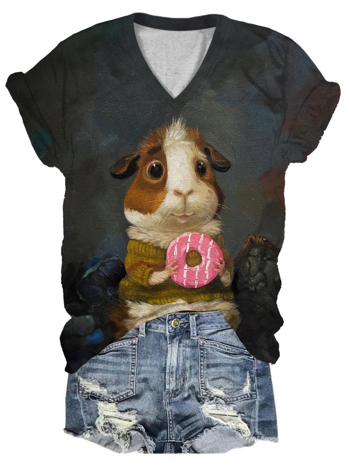 Vintage Guinea Pig Donut Print V-Neck Short Sleeve T-Shirt