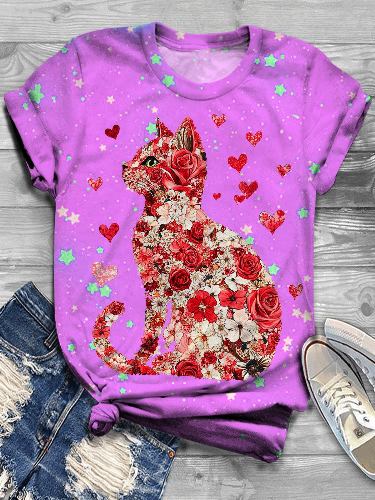 Damen T-Shirt mit süßem Katzenmotiv und Valentinstags-Liebesatmosphäre