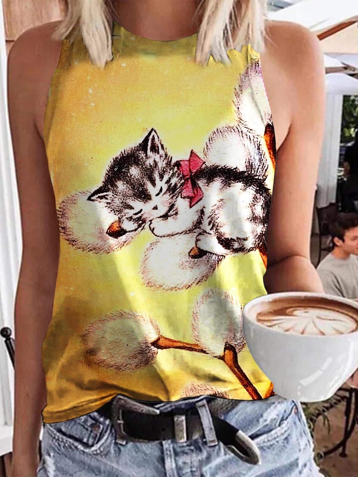 Vintage Kitty Print Casual Sleeveless Top