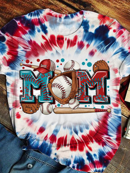 Women's Baseball Mom Tie Dye Print Crew Neck T-Shirt