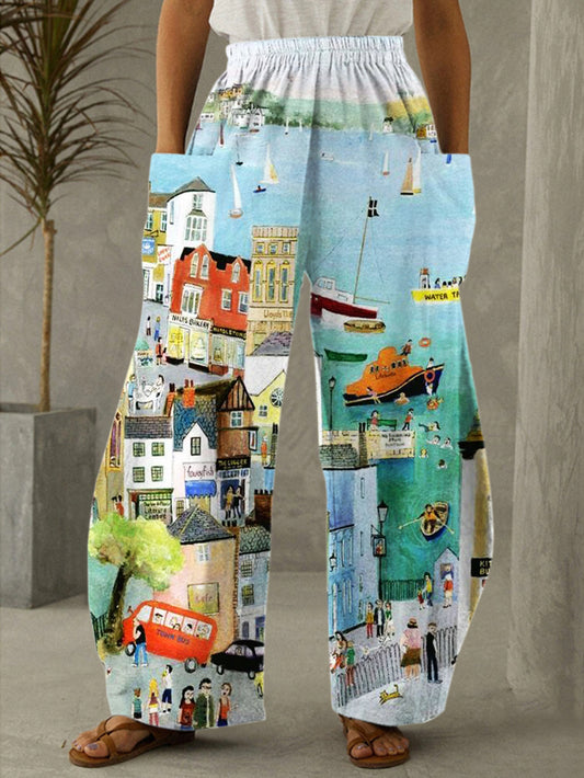 Beautiful Sea Town Print Casual Pants