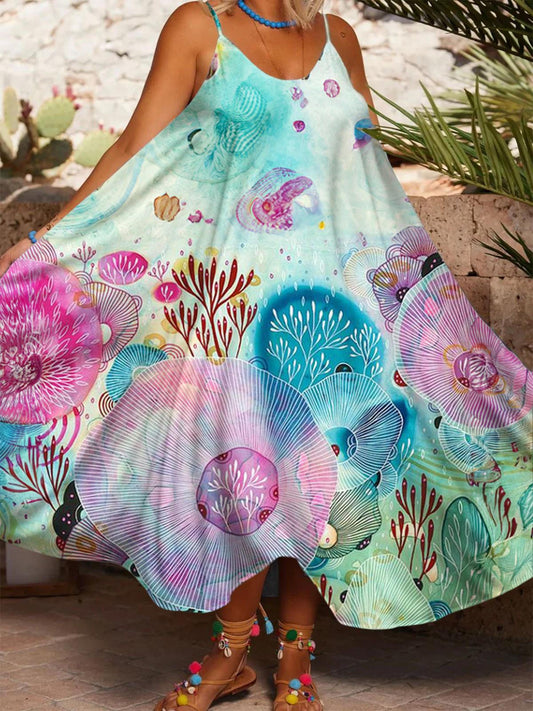 Colorful Reef Art Printed Casual Spaghetti Strap Dress