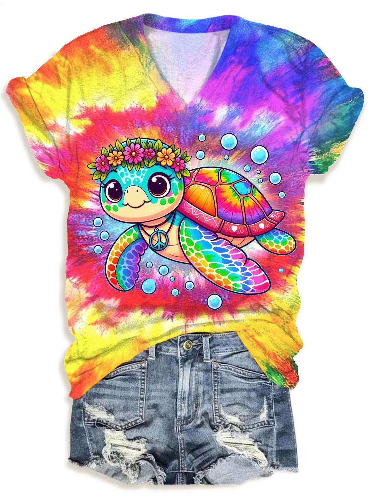 Turtle Tie Dye Hippie V-neck T-Shirt