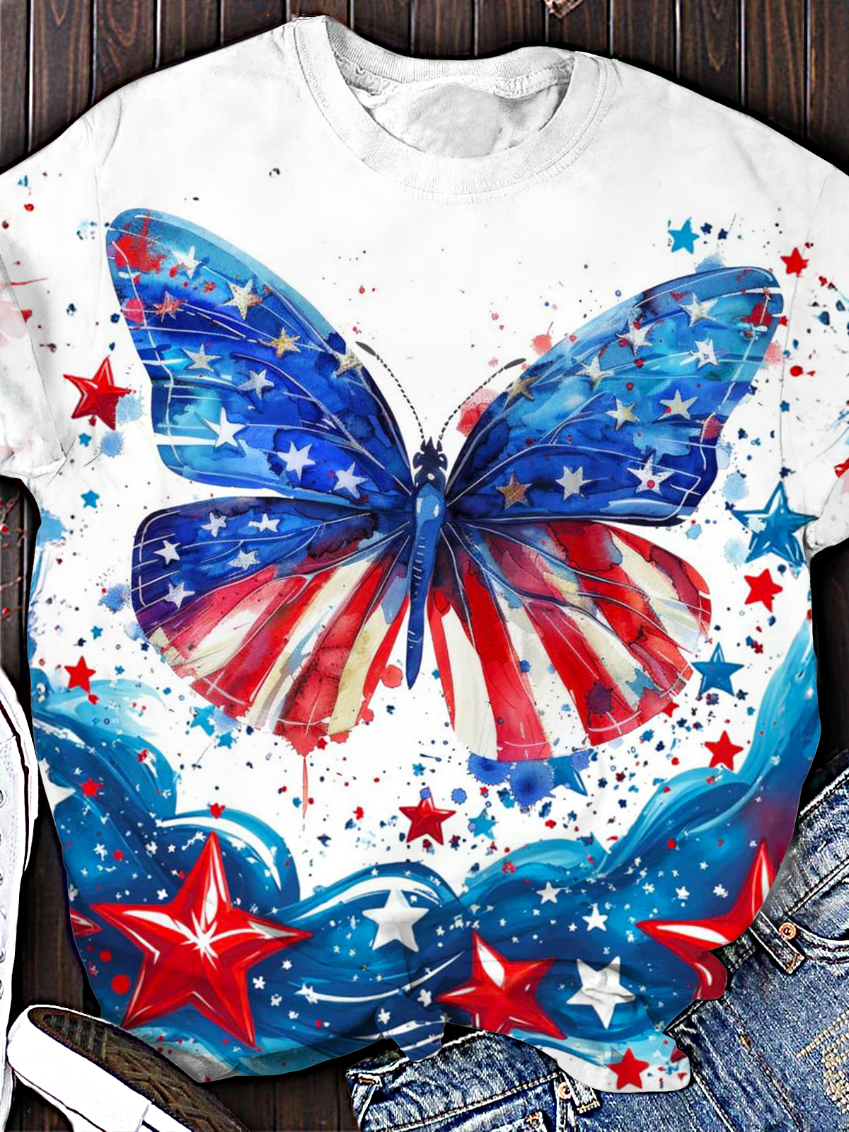 Independence Day American Flag Butterfly Art Crew Neck T-shirt