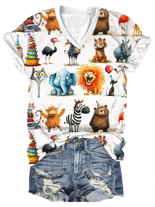 Cute Animal Print V-Neck T-Shirt