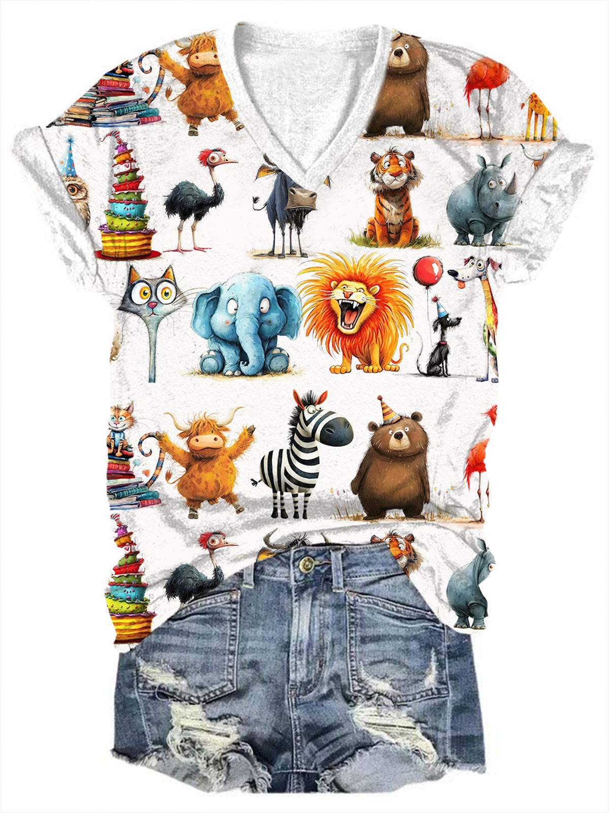 Cute Animal Print V-Neck T-Shirt