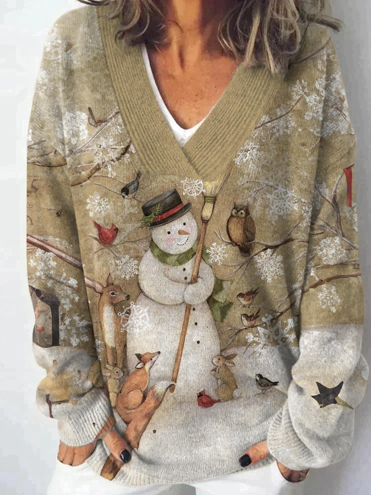 Damen-Strickjacke mit Schneemann-Motiv, der zu Weihnachten eine Geschichte erzählt