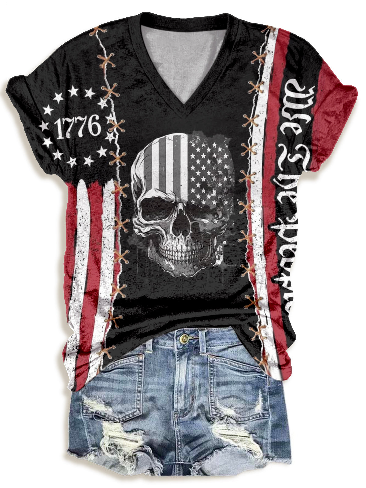 1776 American Flag Skull V-neck T-Shirt