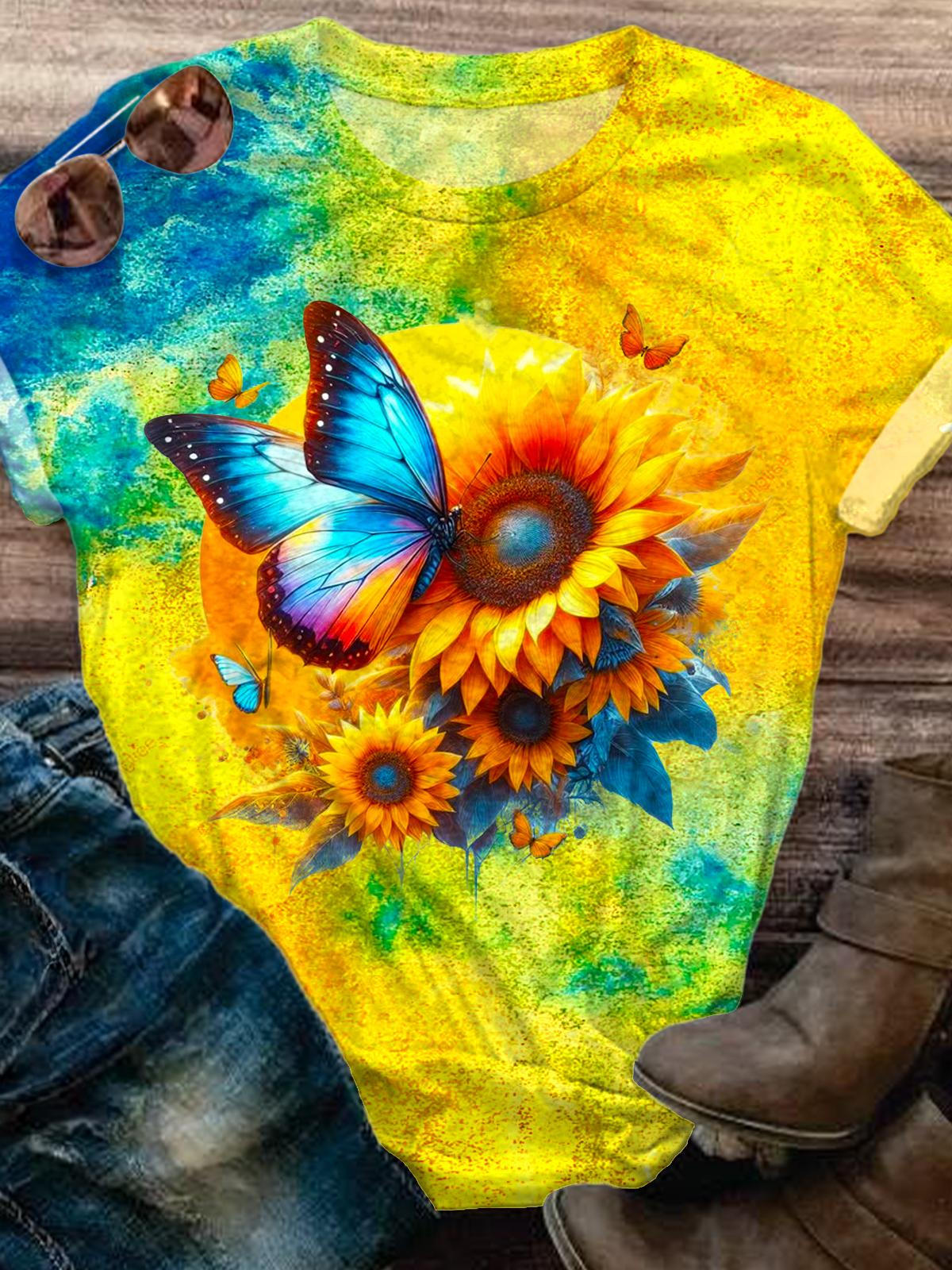 Retro Sunflower Butterfly Print Crew Neck T-shirt