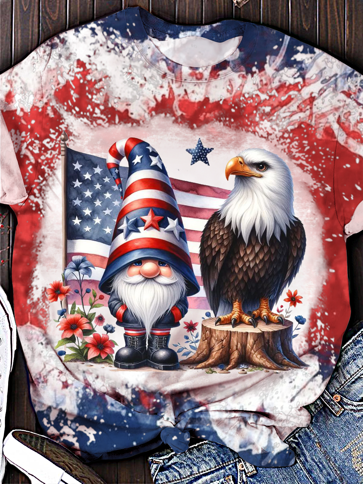 Retro Patriotic Eagle Dwarf Print Crew Neck T-shirt