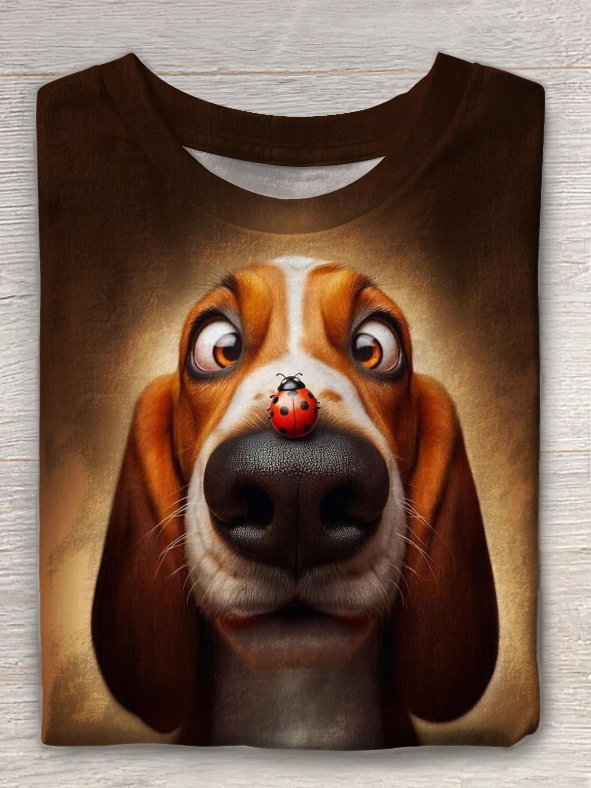 Süßes T-Shirt mit Rundhalsausschnitt und Marienkäfer-Welpen-Print