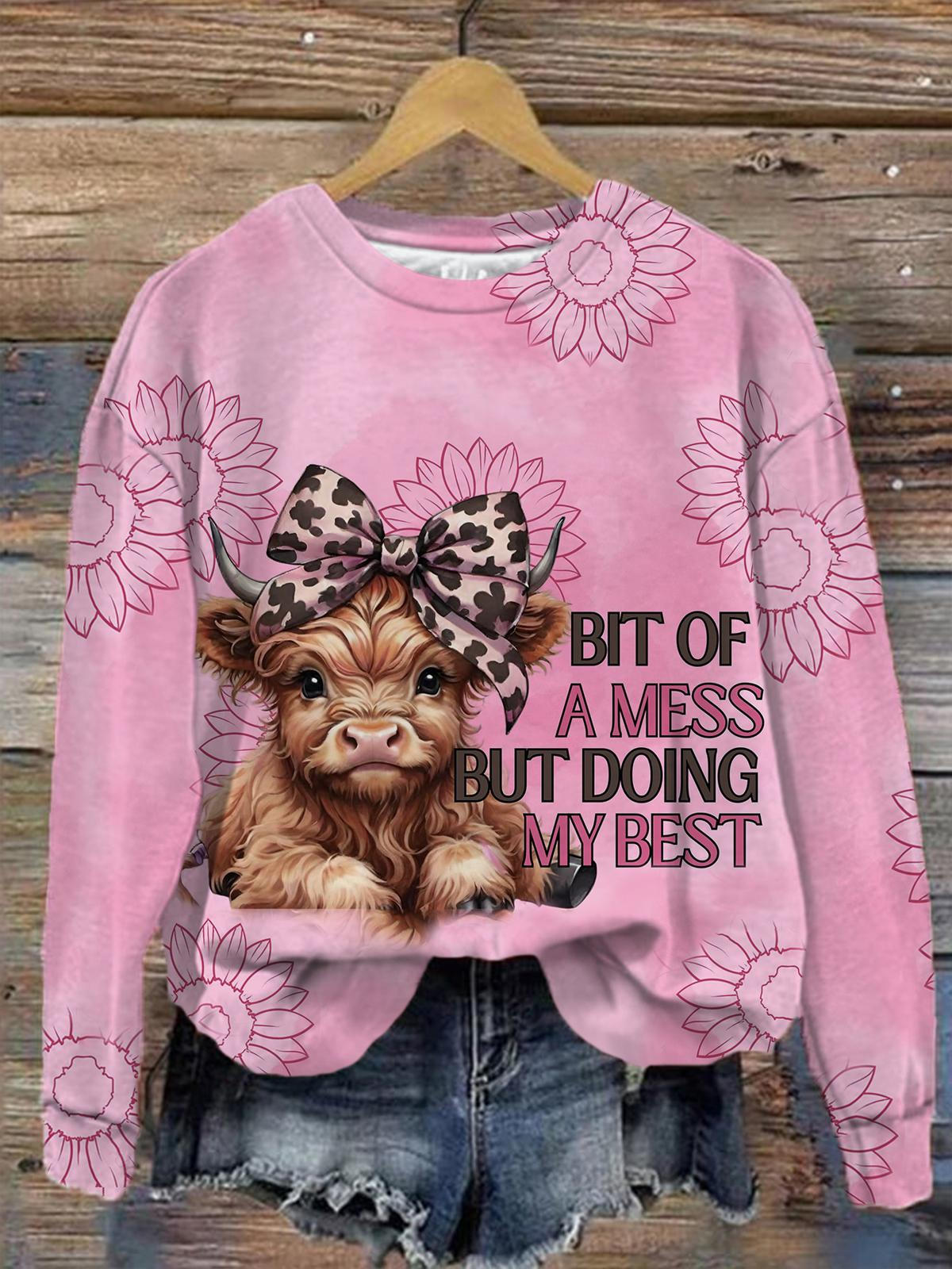 Langärmliges Oberteil mit Retro-Kuh-Print von Bit of A Mess