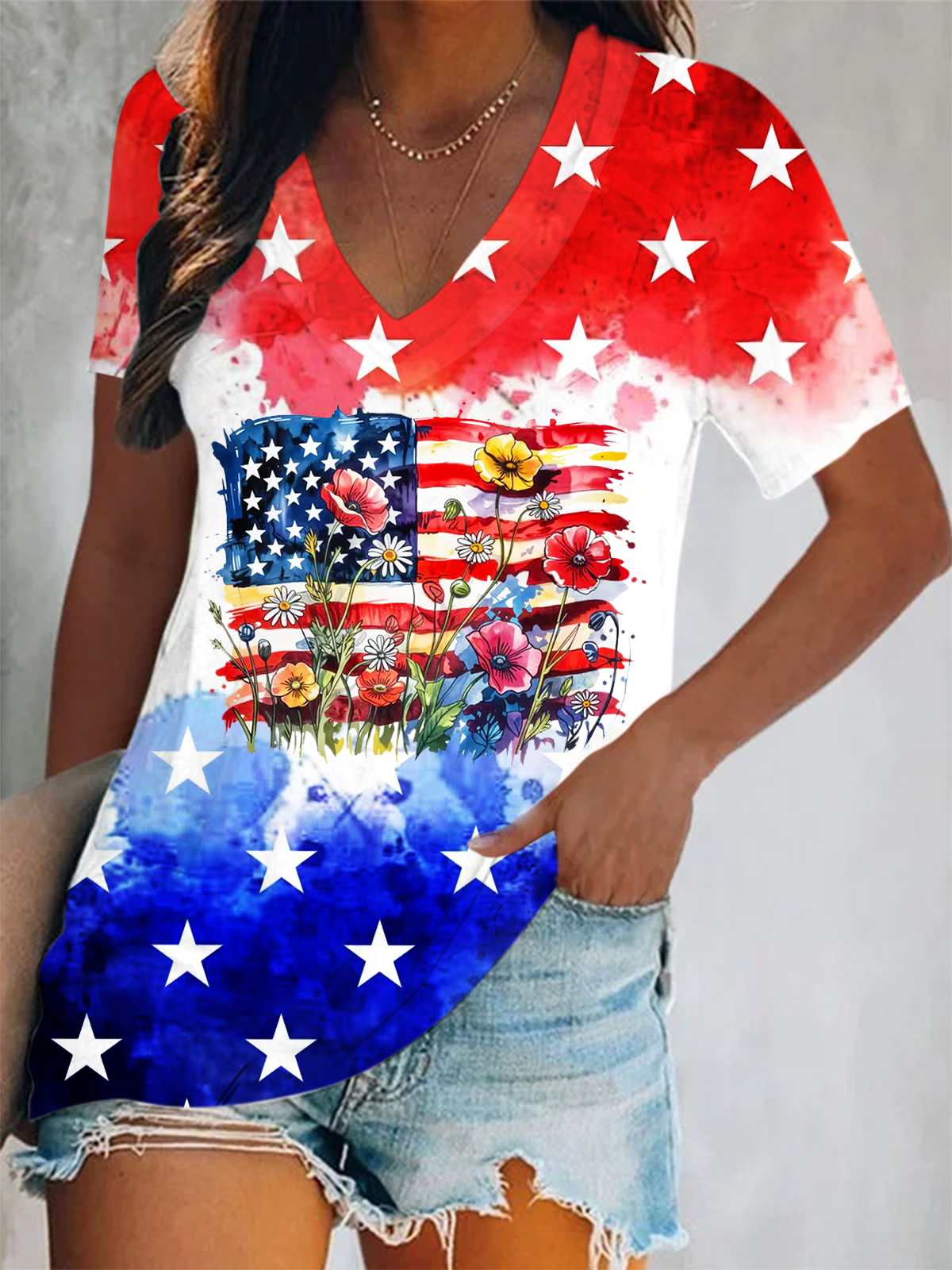 American Flag Floral Short Sleeve V Neck Print Top