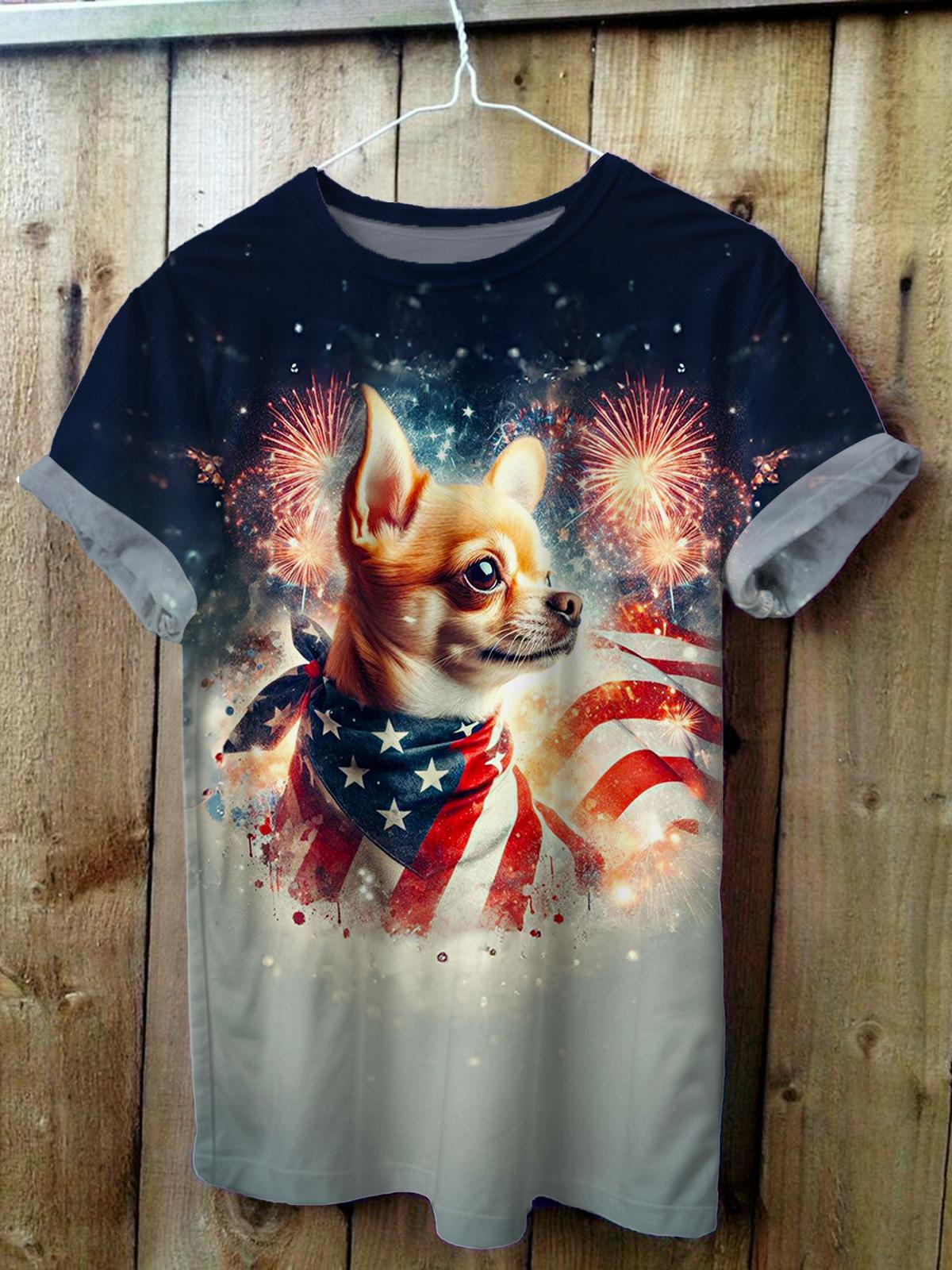 Vintage Independence Day Flag Puppy Print Crew Neck T-shirt