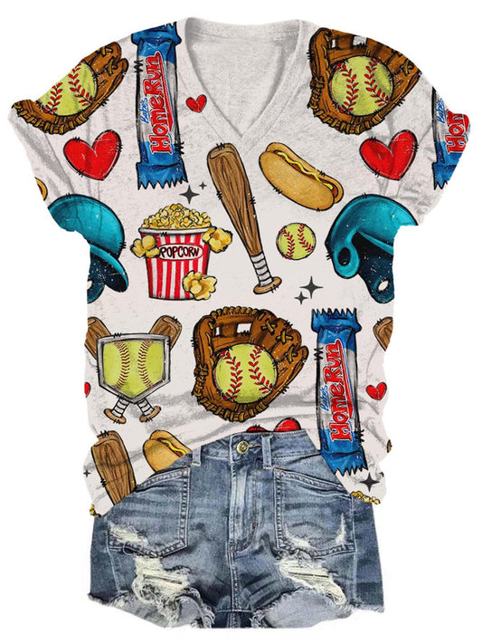 Retro Softball & Snacks Print V-Neck T-Shirt