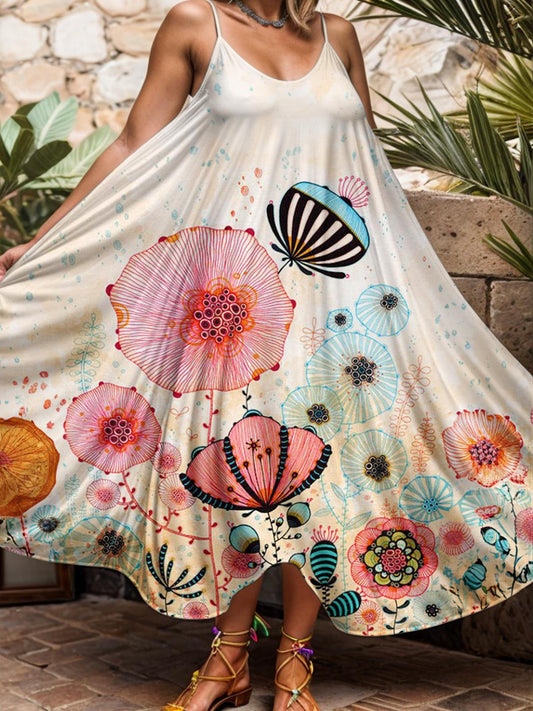 Watercolor Flower Butterflies Print Casual Spaghetti Strap Dress