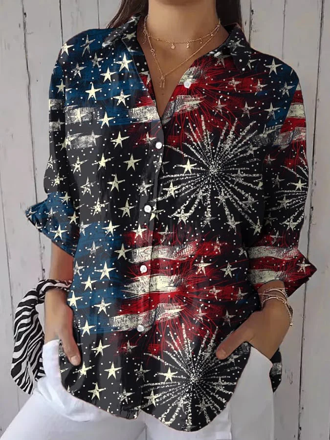 Independence Day Glitter Sequins American Flag Fireworks Art Women's Printed Casual Shirt
