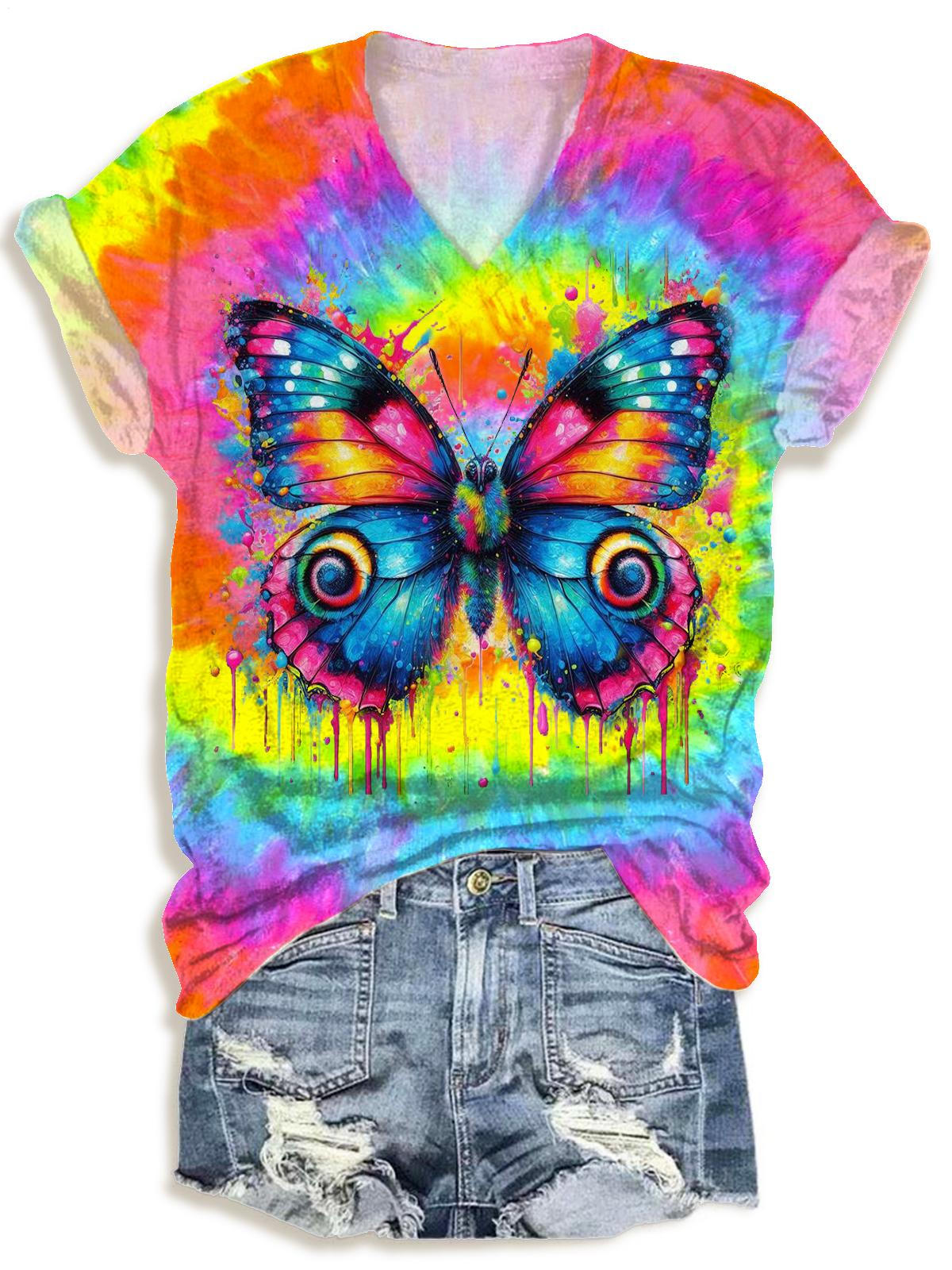 Summer Colorful Retro Butterfly Print V-neck T-Shirt