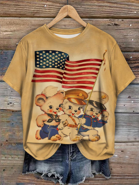 Vintage American Flag Bear Print T-Shirt