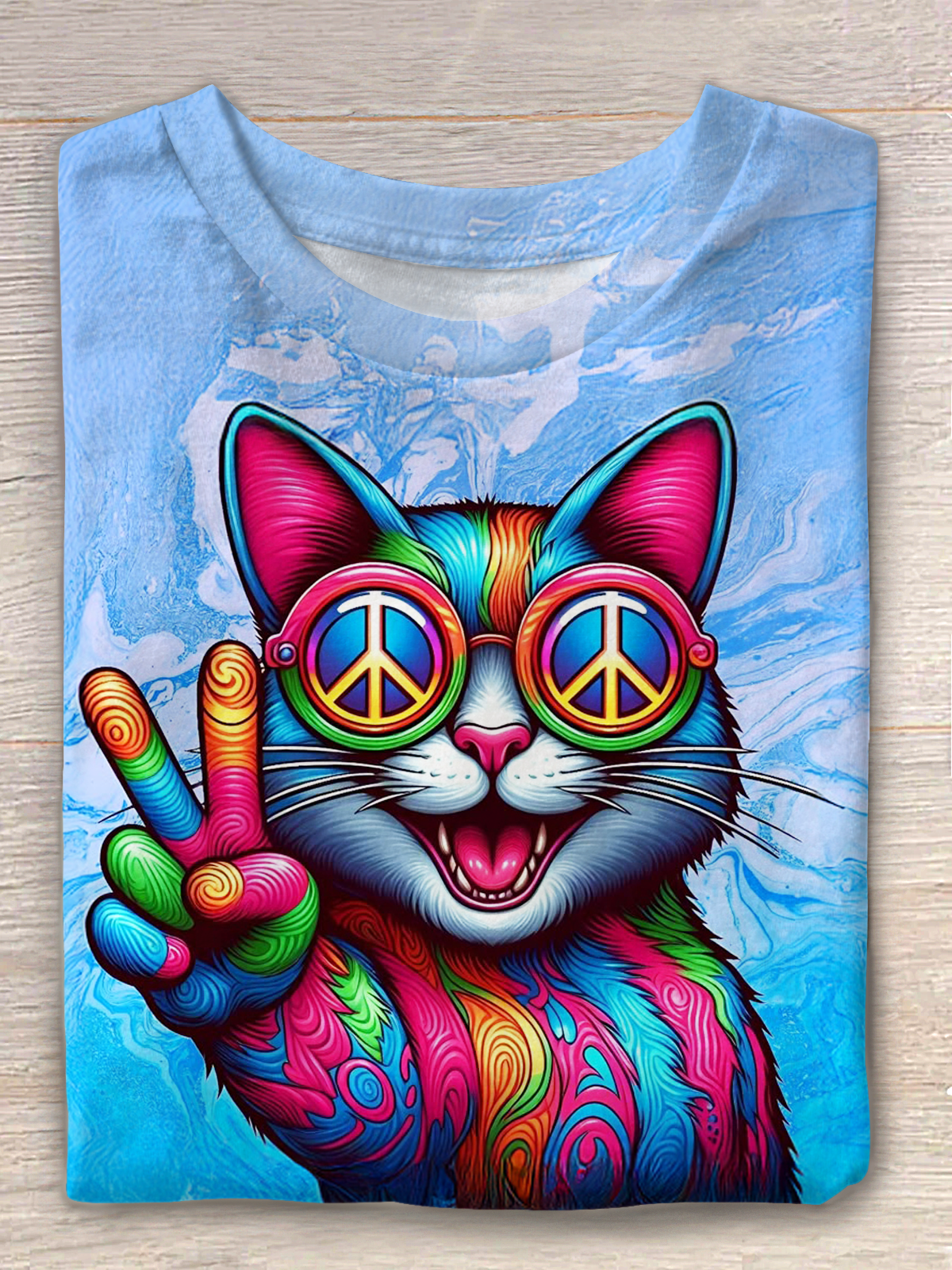 Free Hippie Spirit Cat Art Crew Neck T-shirt