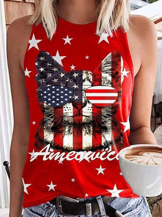Independence Day Cat Print Casual Sleeveless Top