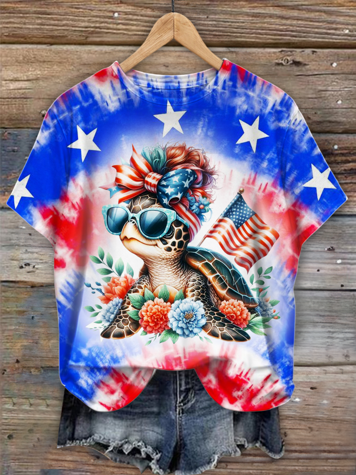 Independence Day Flag Floral Turtle Crew Neck T-shirt
