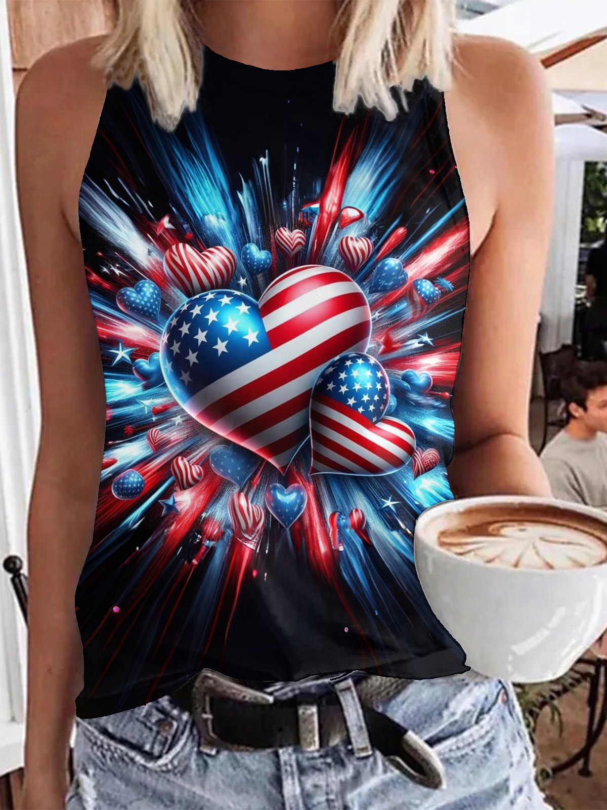 Neon Love Heart American Flag Crew Neck Sleeveless Tank Top