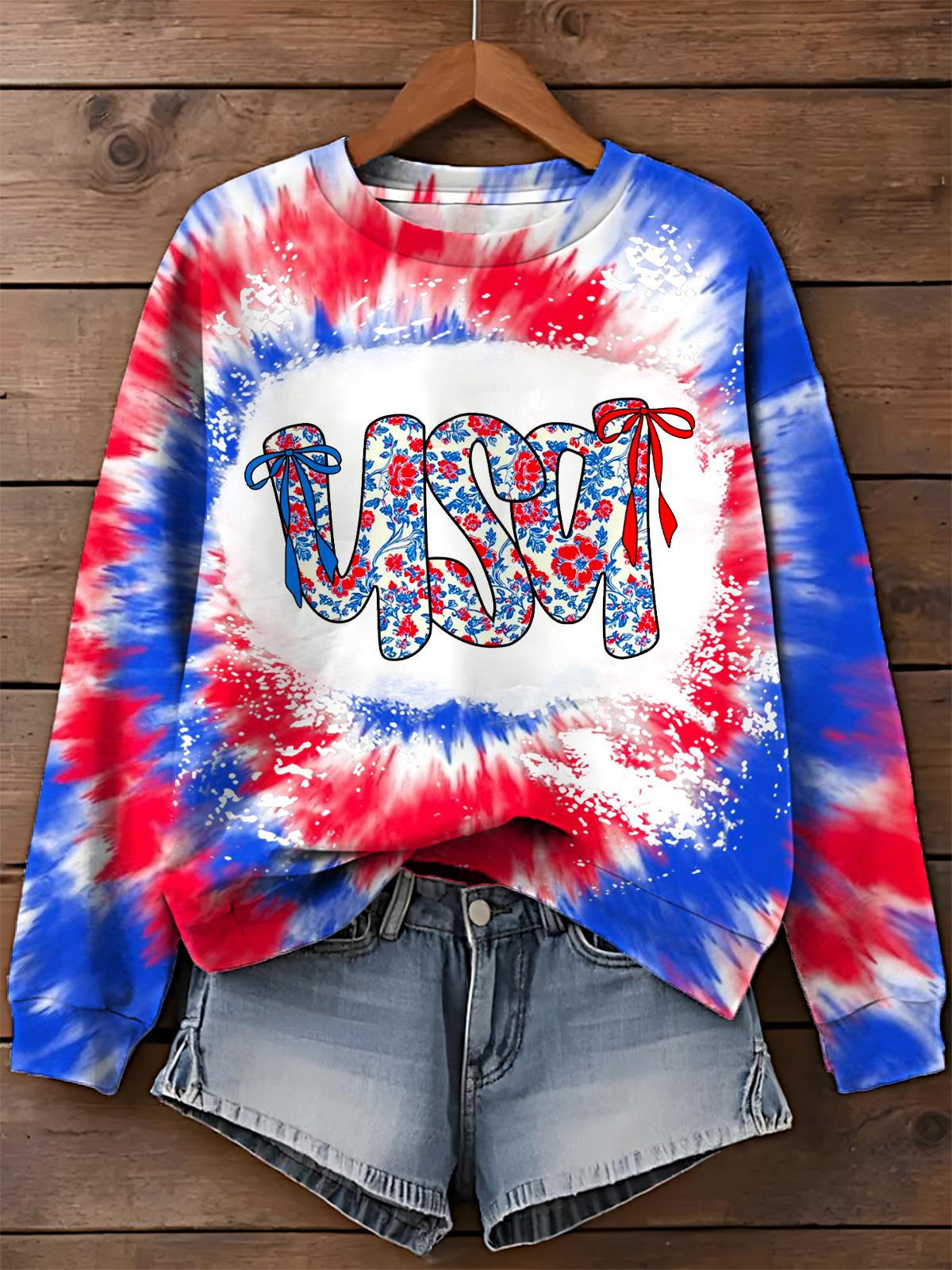 Retro America Floral Independence Day Print Long Sleeve Casual Top