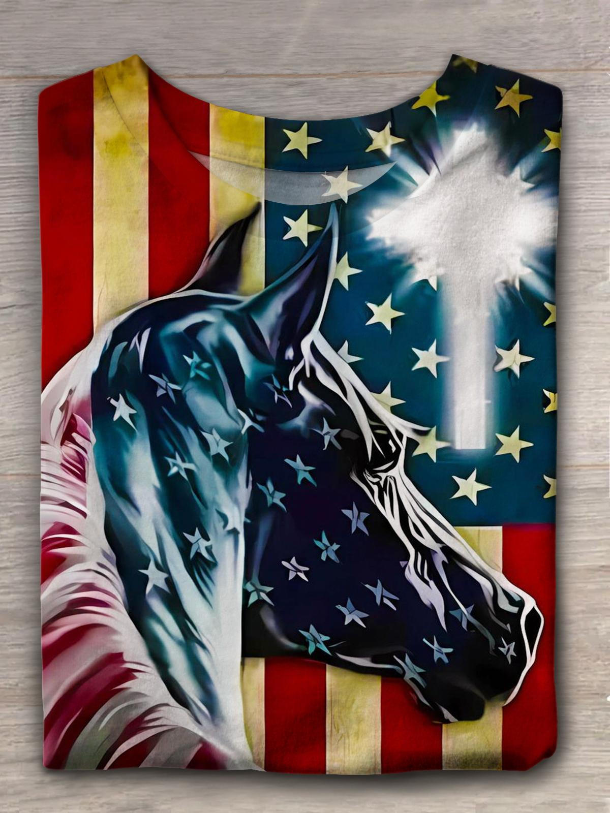 Horse $th of July Crew Neck T-shirt