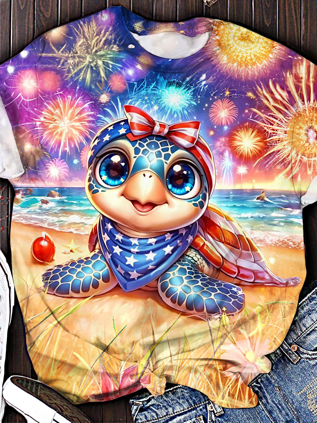 Cute Turtle Independence Day Printed Crew Neck T-shirt