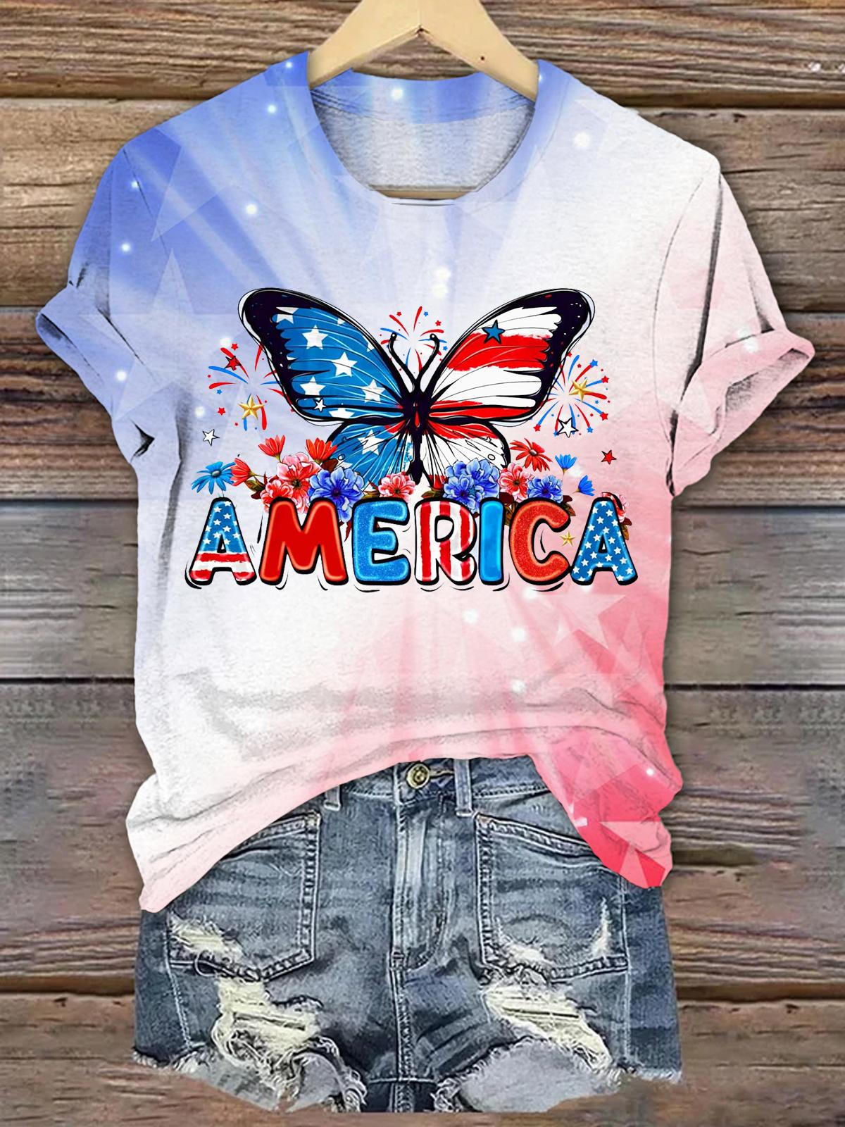 Patriotic American Flag Butterfly Printed T-shirt