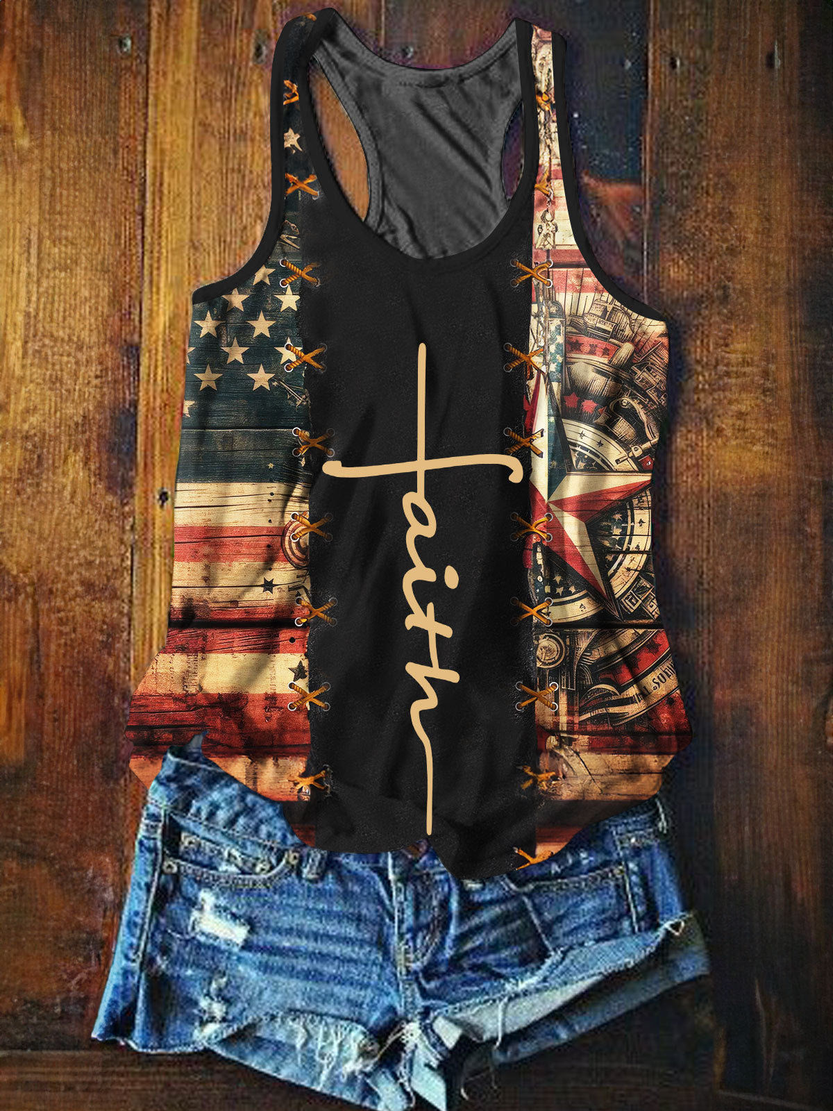 American Flag Faith Print Casual Tank Top