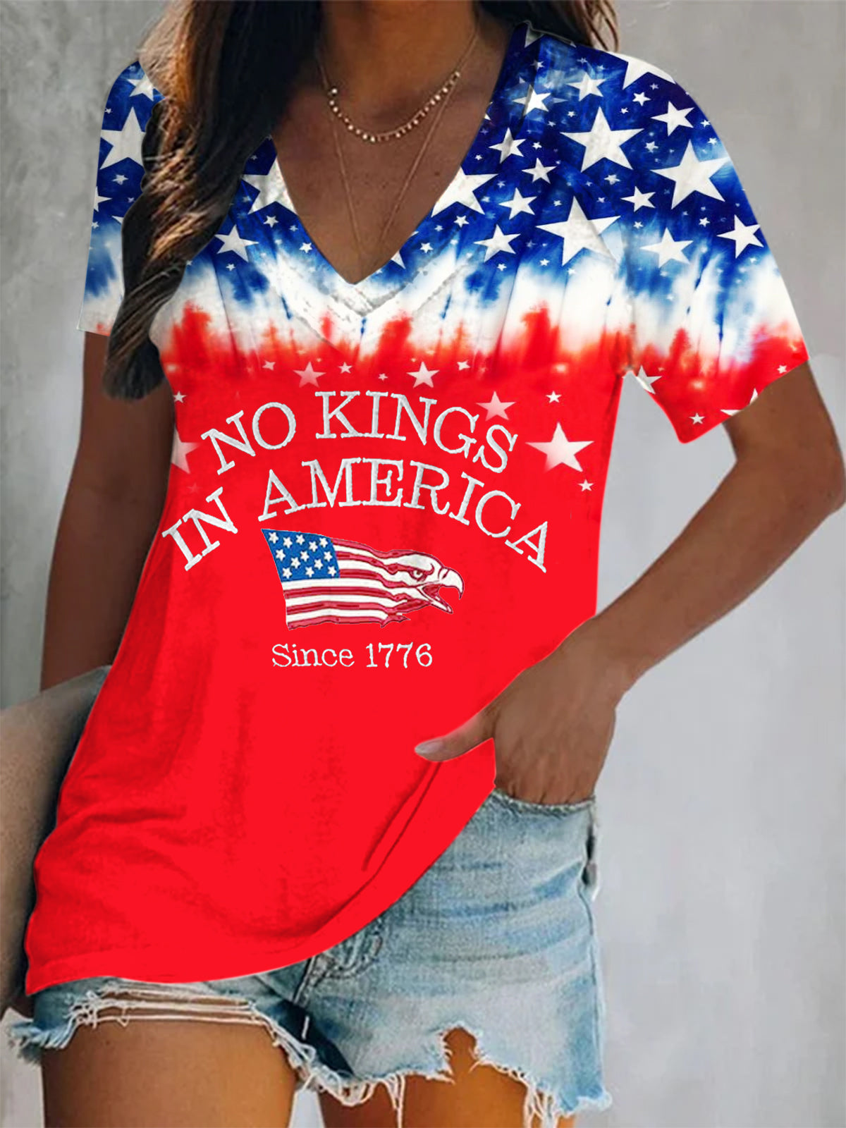 Vintage Flag Independence Day Print Short Sleeve V Neck Print Top