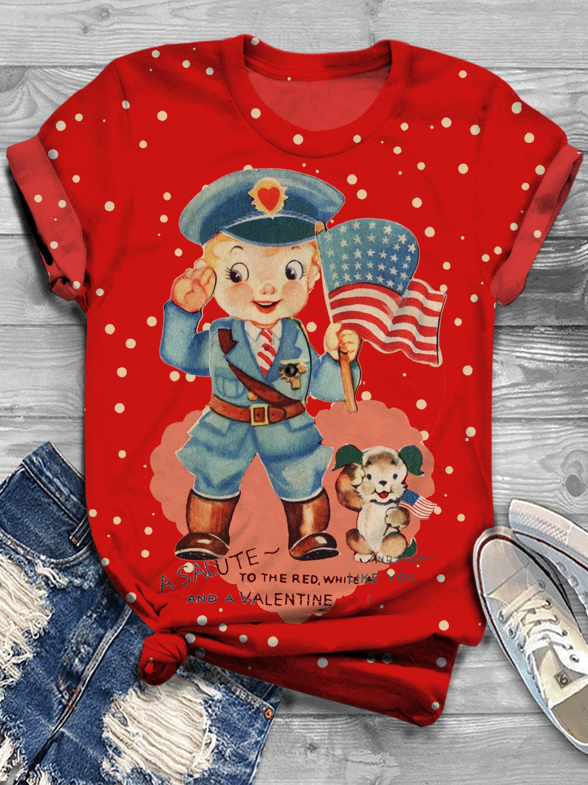 Women's Vintage Valentine's Day Flag Animal Print Casual T-Shirt