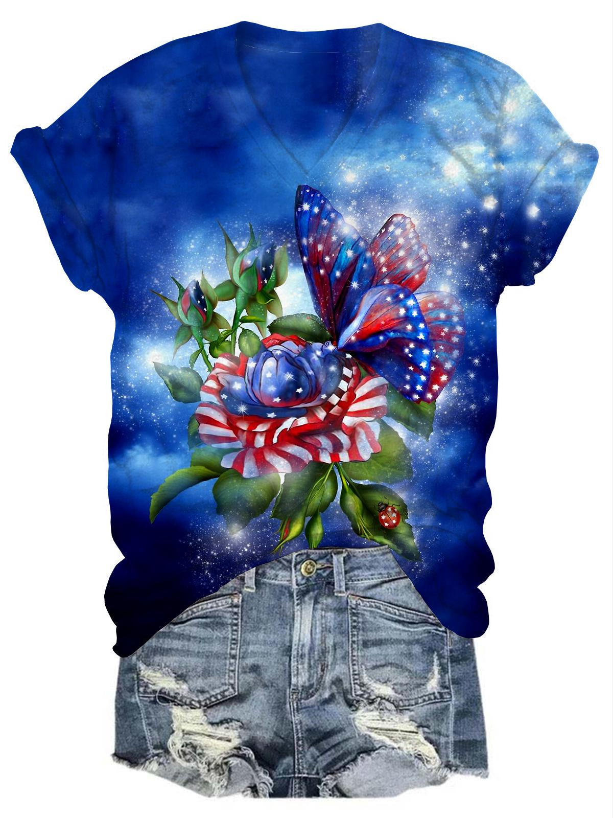 Unabhängigkeitstag Amerikanische Flagge Tie Dye Blume Schmetterling T-Shirt