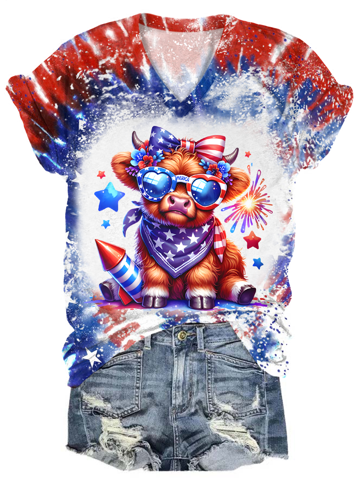 July 4th Highland Cow V-neck T-Shirt