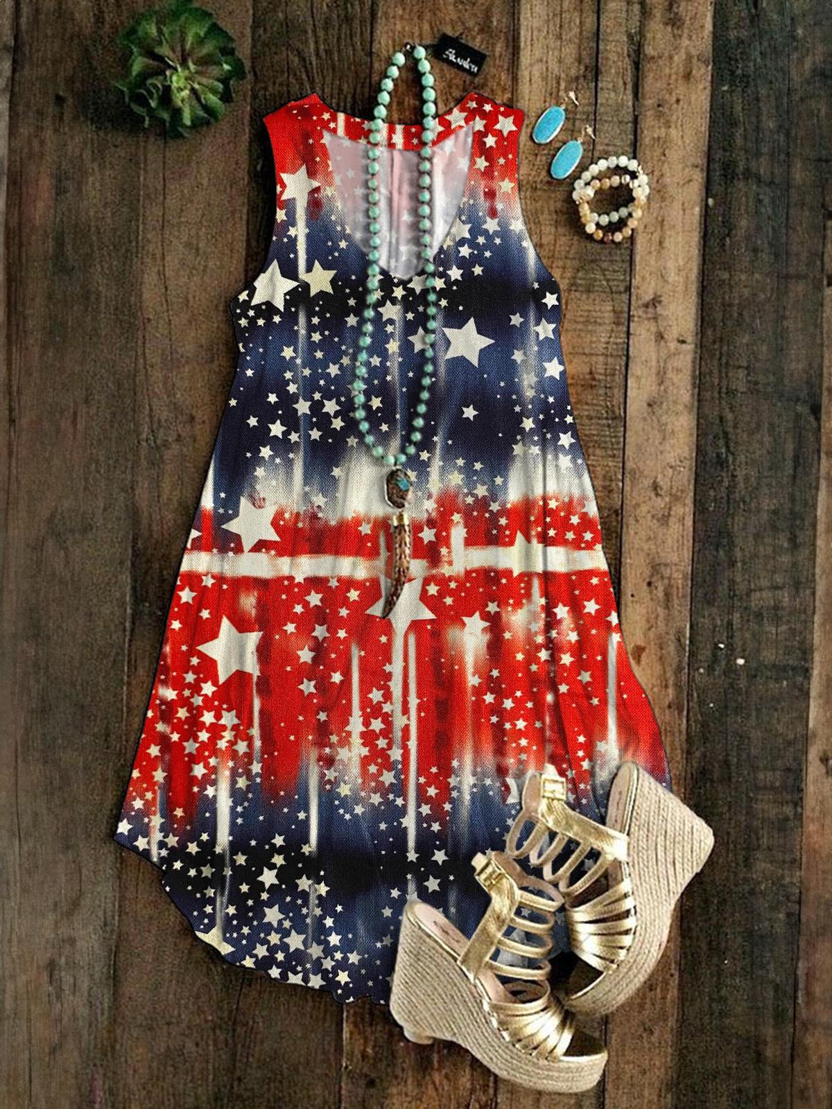 Independence Day Stars Sleeveless V Neck Dress