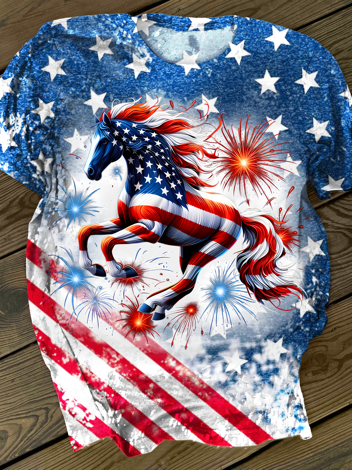 Patriotic Color American Flag Horse Crew Neck T-shirt