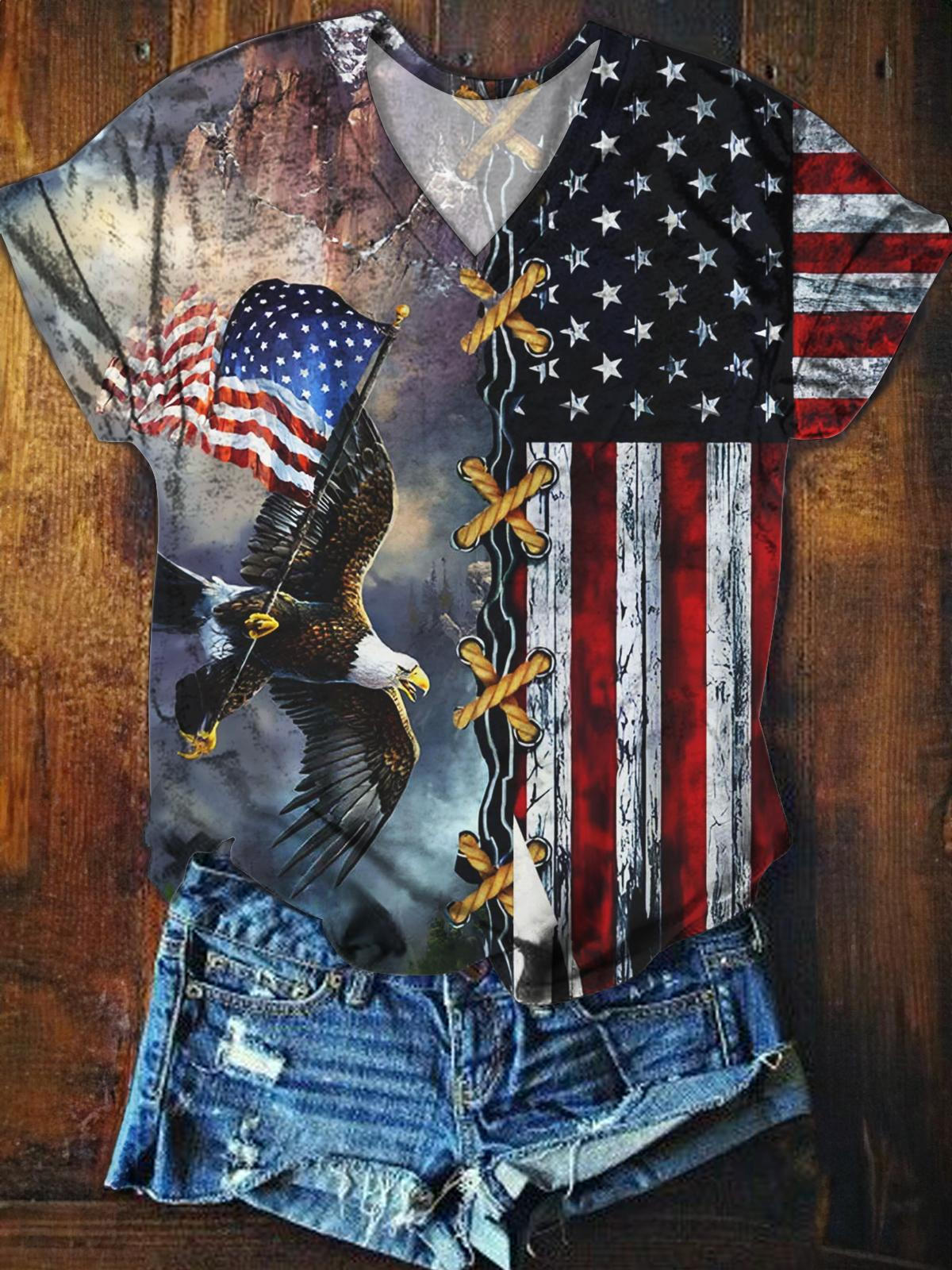 Women's American Flag Eagle Print Casual T-Shirt