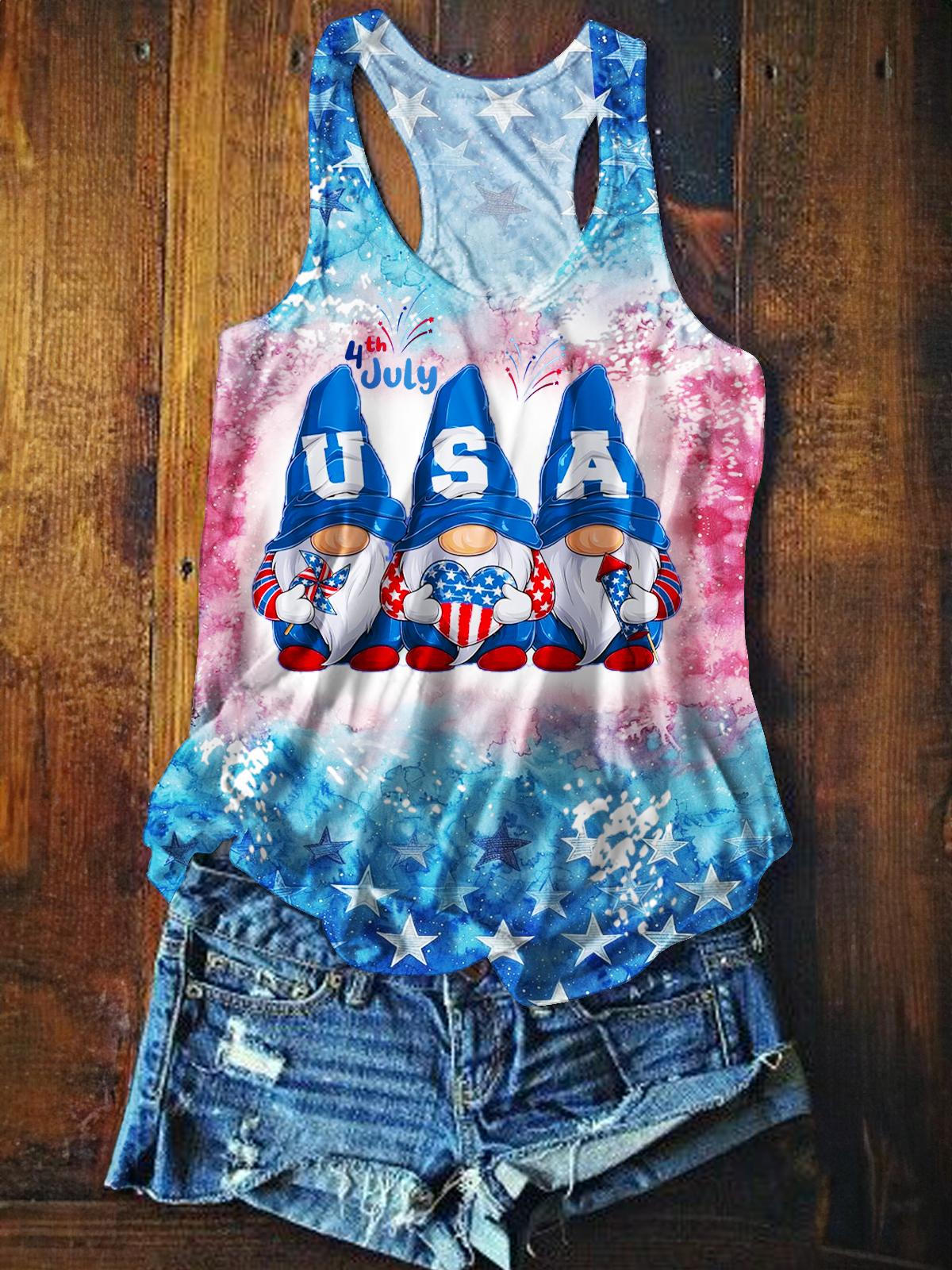 Vintage Independence Day Flag Cute Gnome Print Casual Sleeveless Top