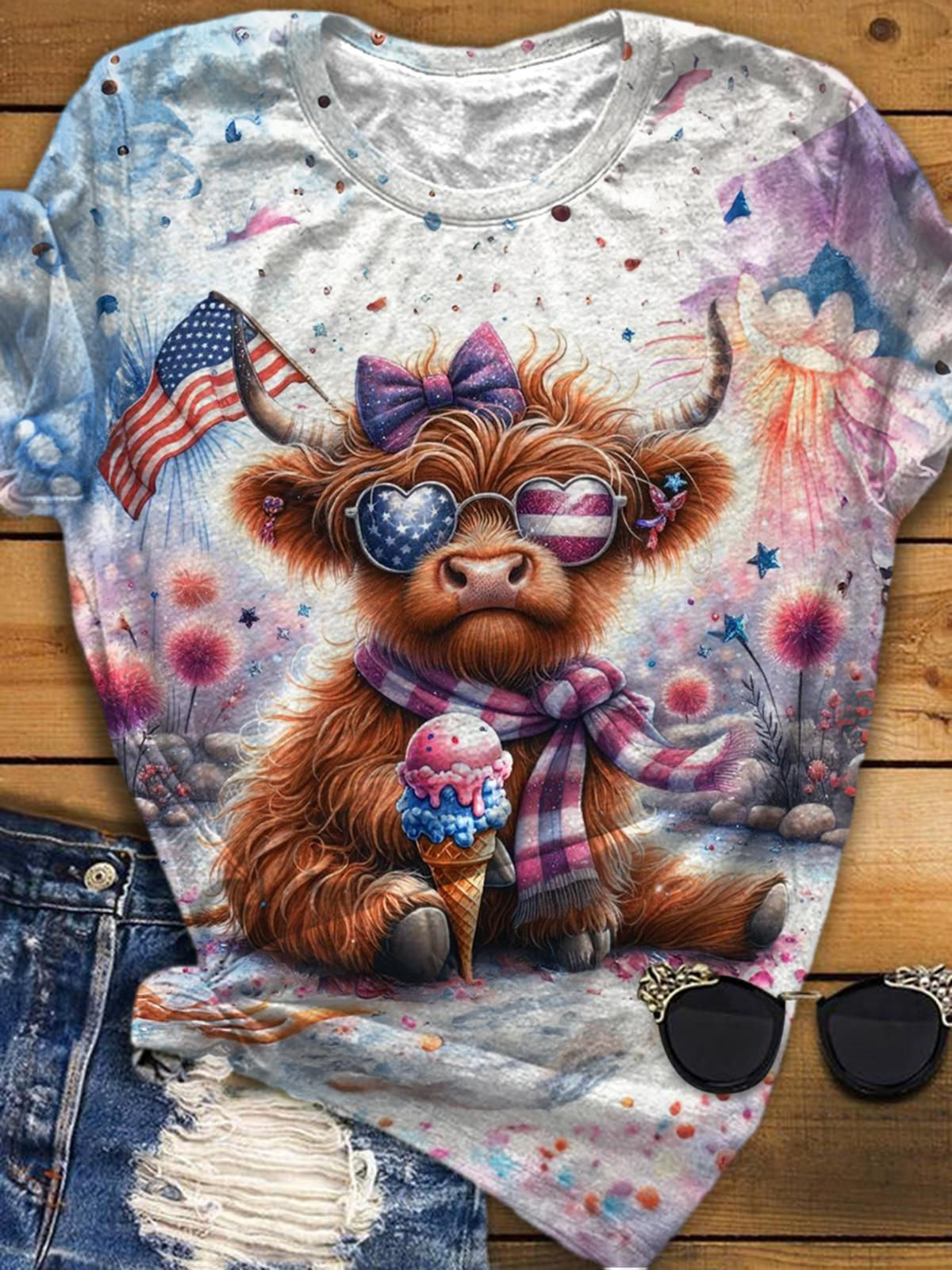 Firework Icecream Highland Cow Crew Neck T-shirt