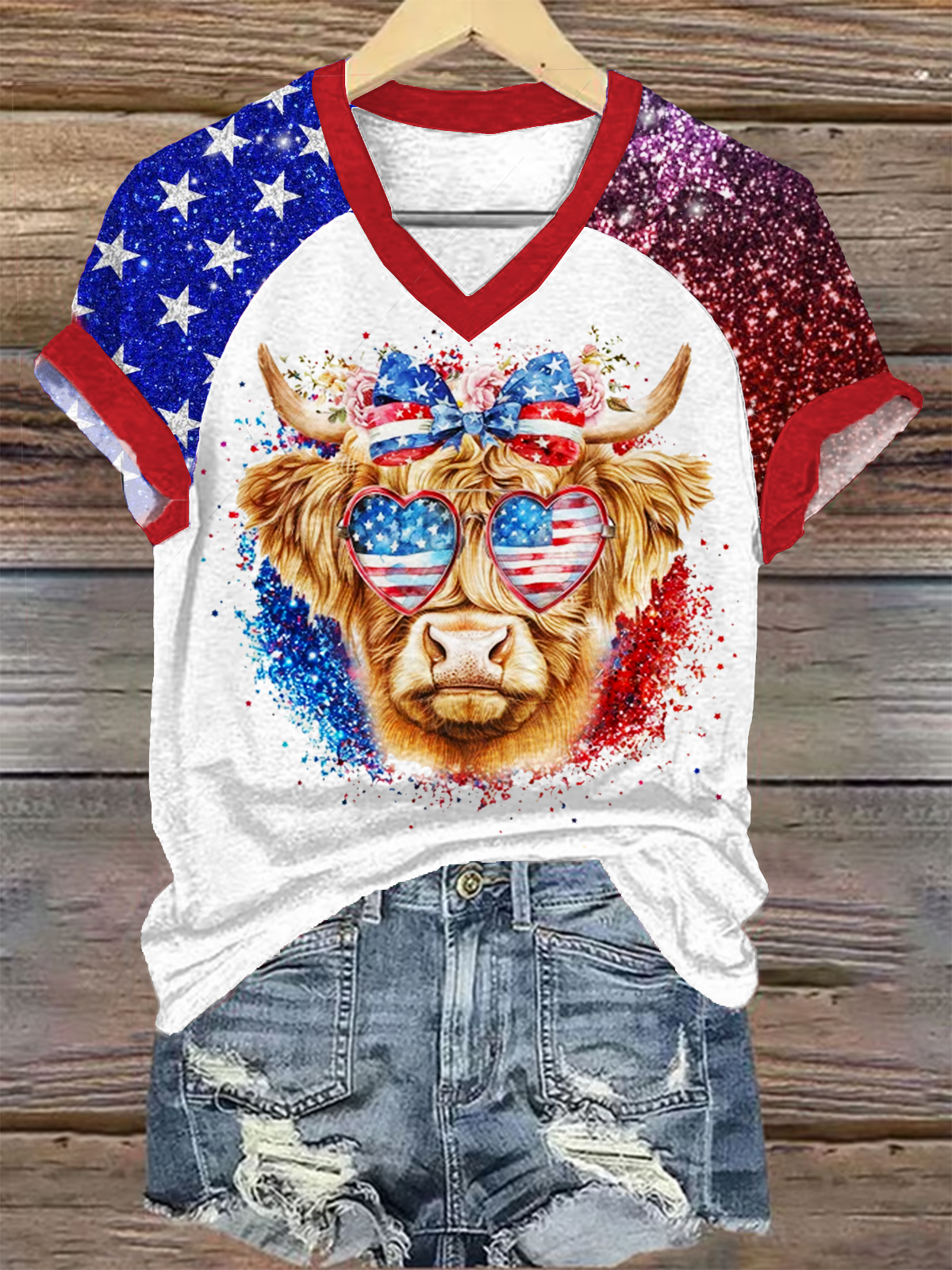 Western America Highland Cow V-neck T-Shirt