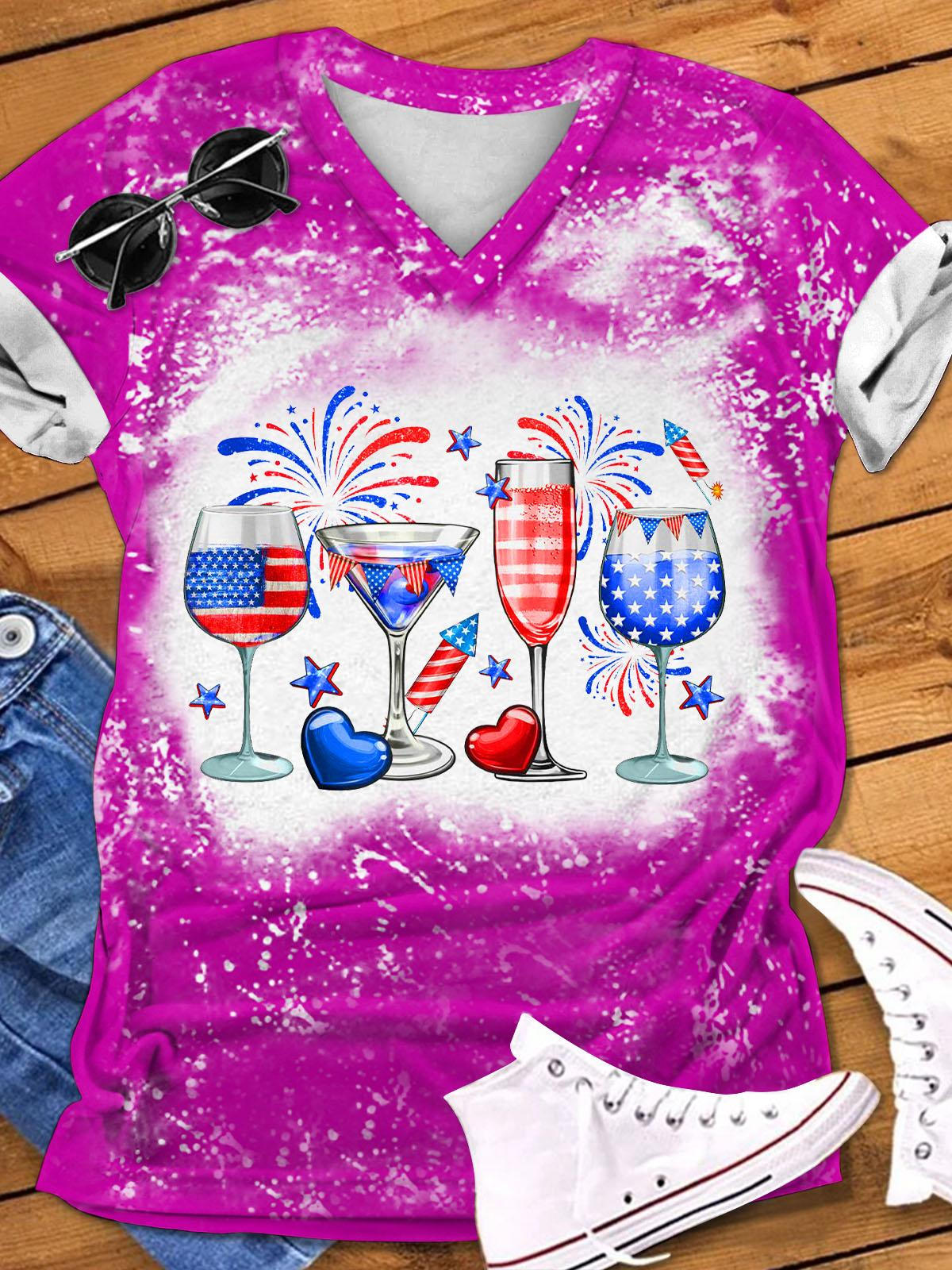 4th Of July Wine Glasses Print V-Neck T-Shirt