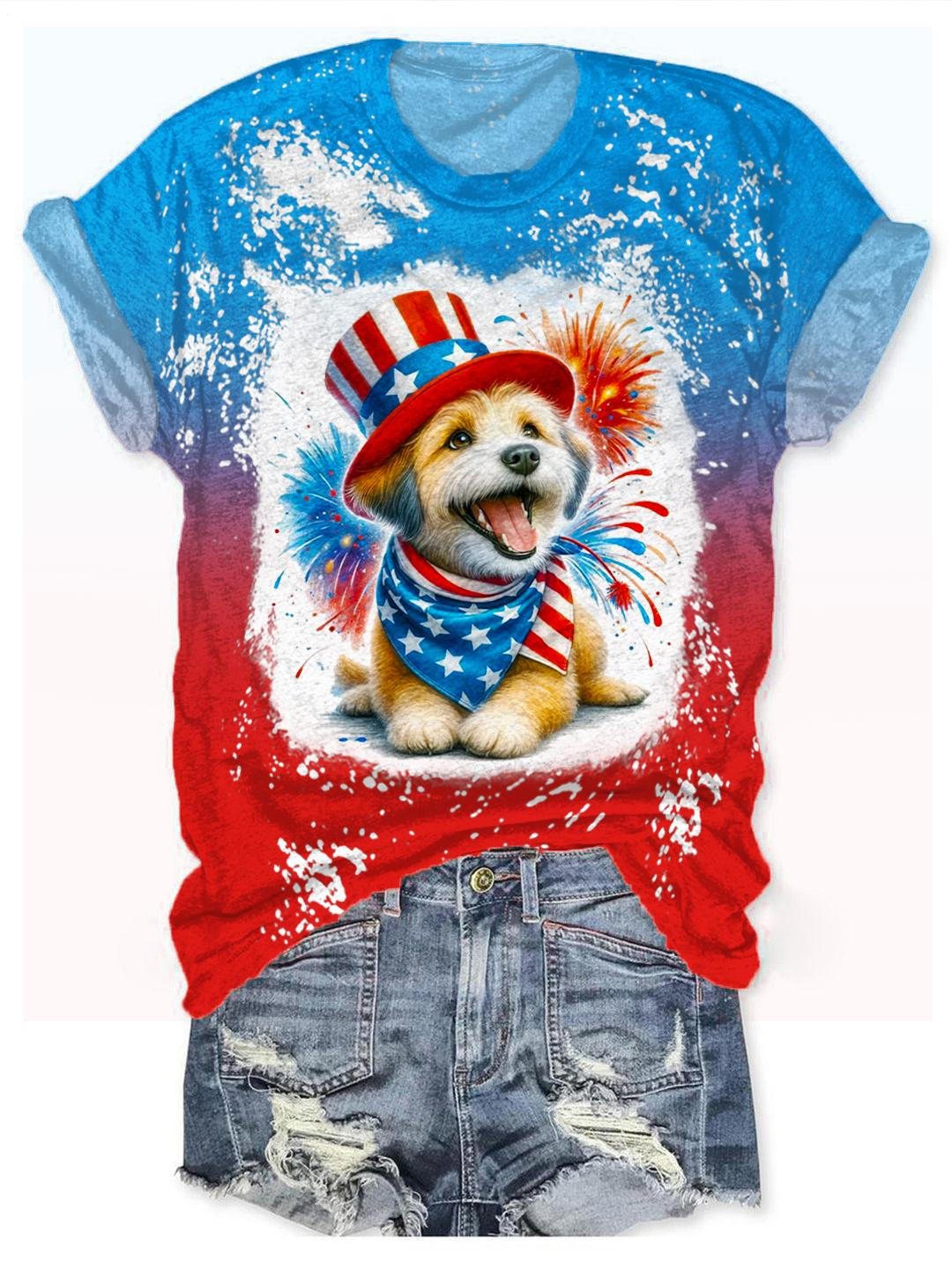 Retro Colorblock Independence Day Flag Puppy Print Crew Neck T-shirt