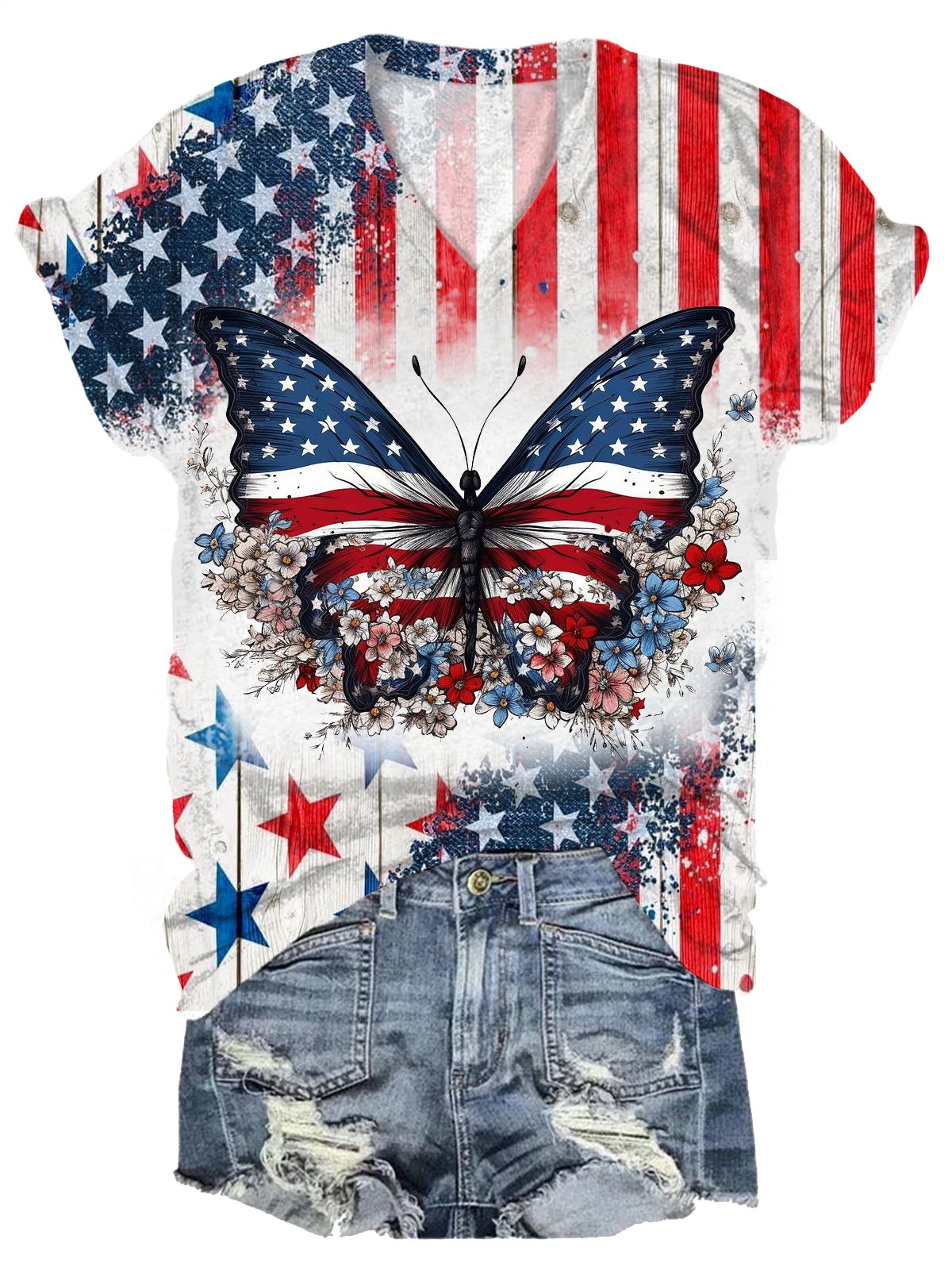 Butterfly In Patriotic Colors Graphics For Printing V-neck T-Shirt