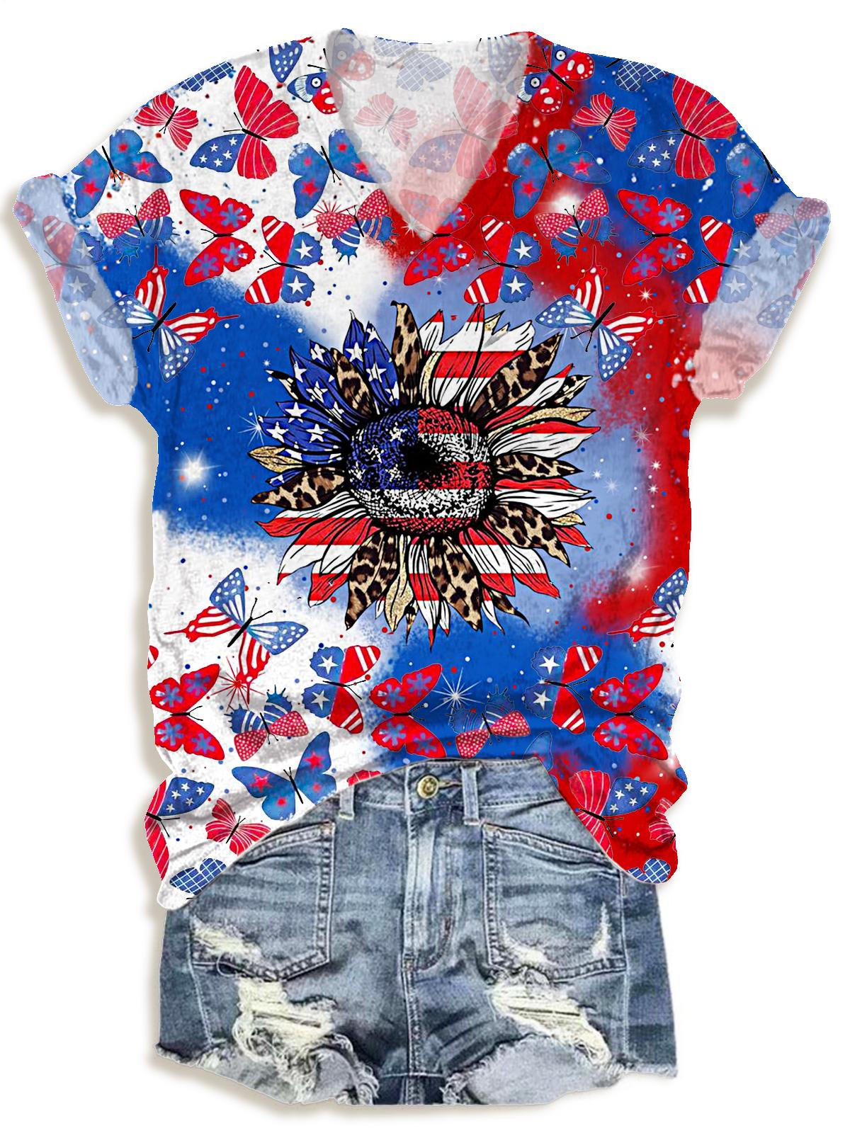 Vintage Independence Day Flag Sunflower Print V-neck T-Shirt