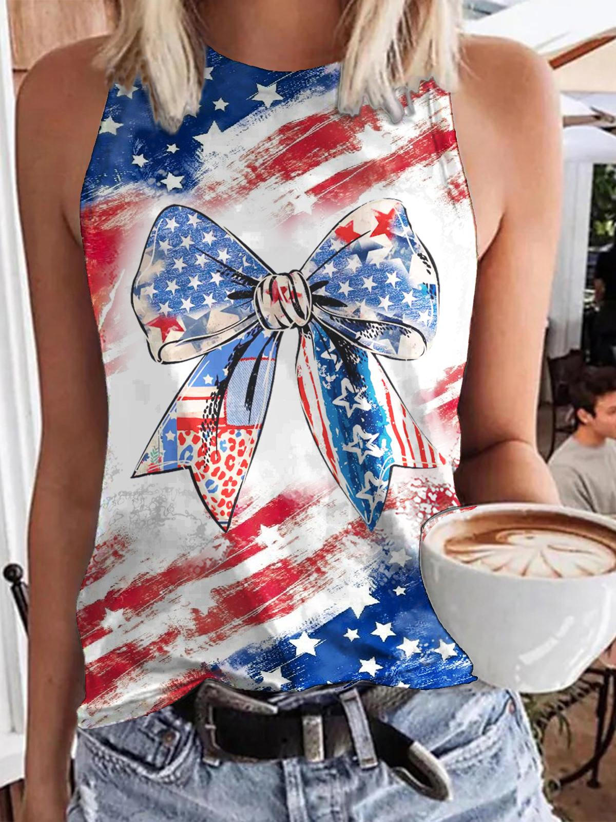 Vintage Independence Day Flag Bow Print Casual Sleeveless Top