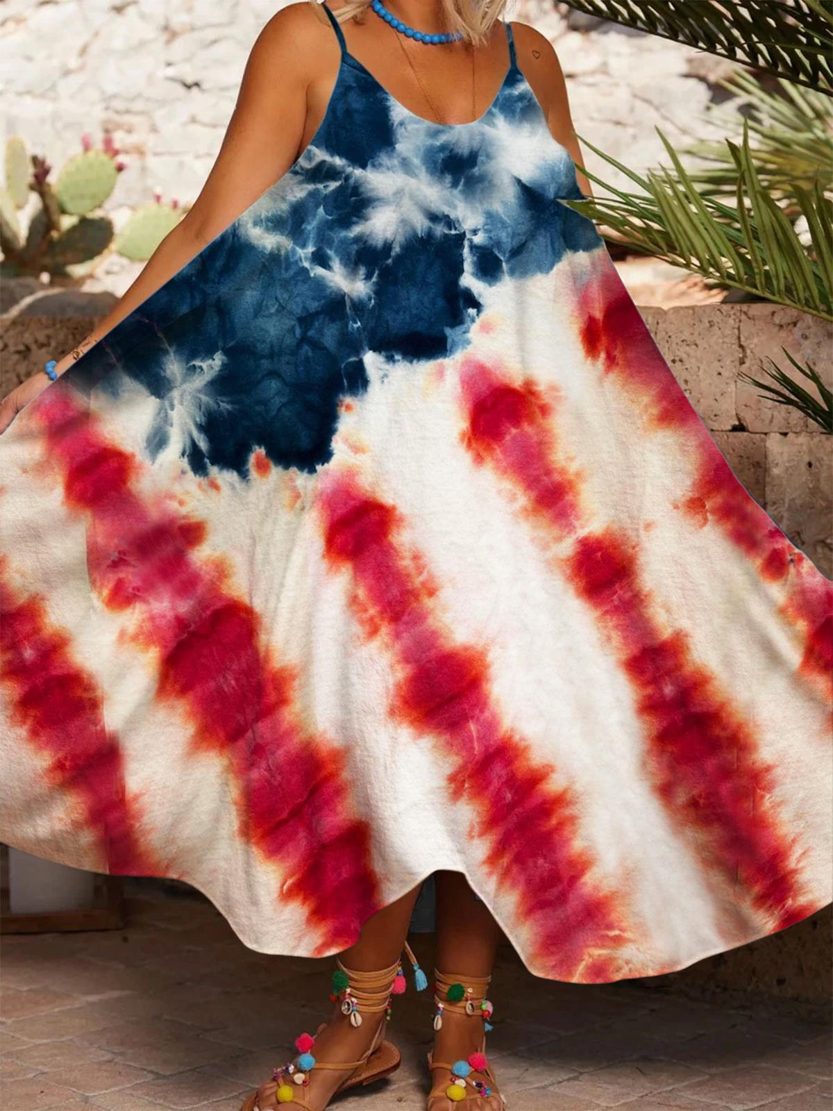 American Flag Tie Dye Print Casual Spaghetti Strap Dress