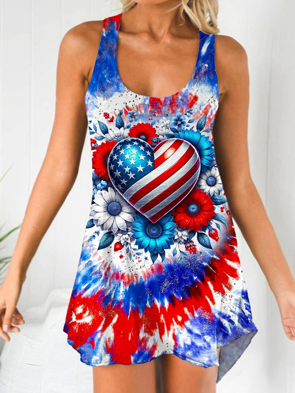 Women's Retro Love Independence Day Floral Print Long Vest Dress